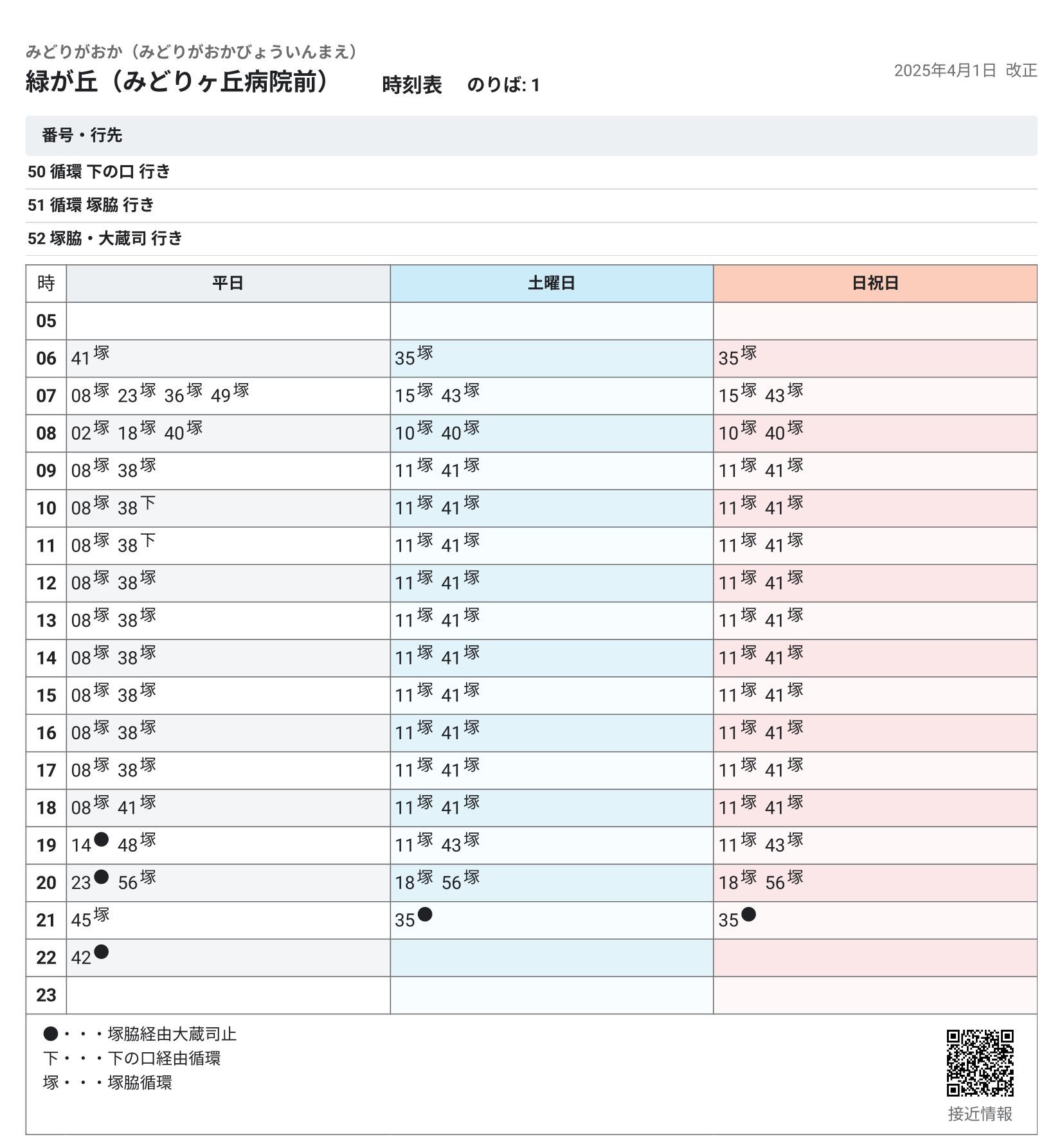 Midorigaoka_MidorigaokaHosp 高槻市ホームーページの時刻表での表示例1